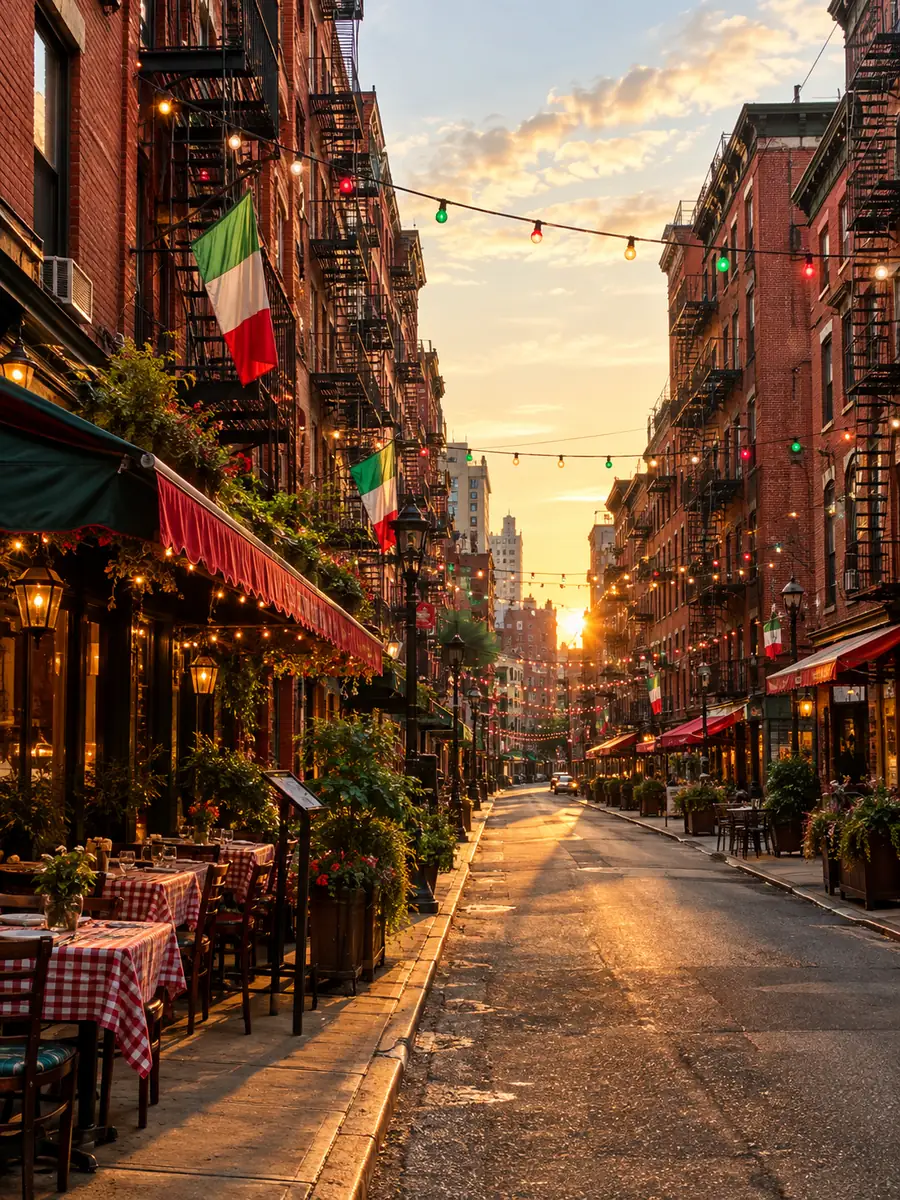 Mulberry Street à Little Italy à l'heure dorée, avec ses immeubles de brique rouge et ses drapeaux italiens