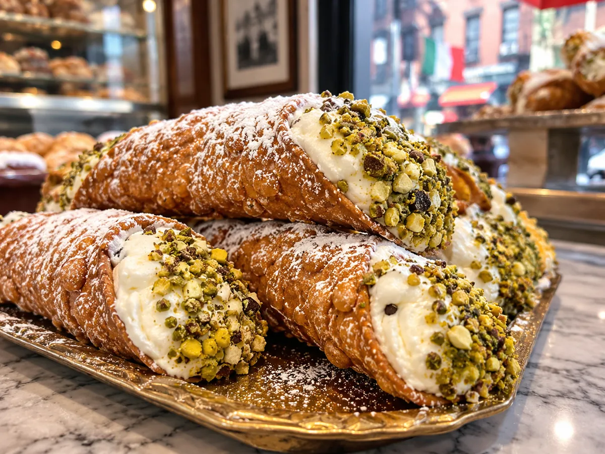 De grands cannoli siciliens aux extrémités à la pistache sur un comptoir de pâtisserie en marbre