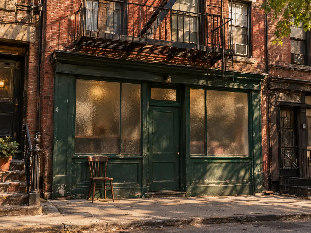 Une devanture d'immeuble de brique avec une porte verte et des vitres dépolies à Little Italy