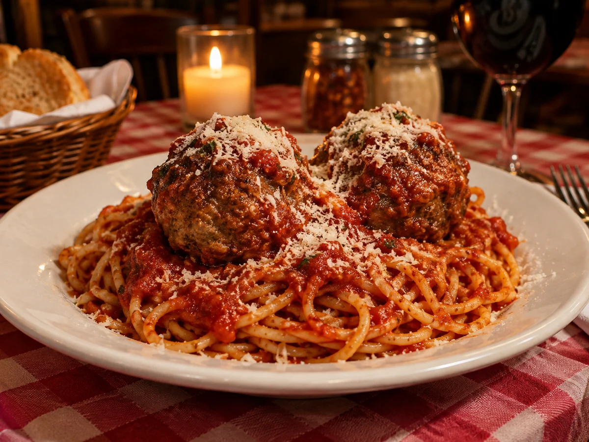 Une assiette de spaghetti avec deux grosses boulettes sur une nappe à carreaux rouges